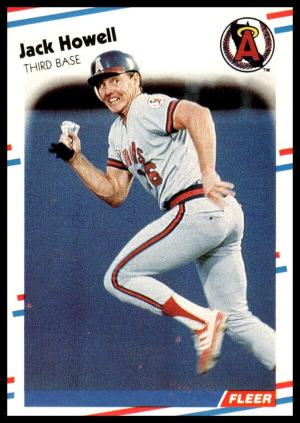 1988 Fleer Jack Howell baseball card showing action shot in Angels uniform, collectible design.