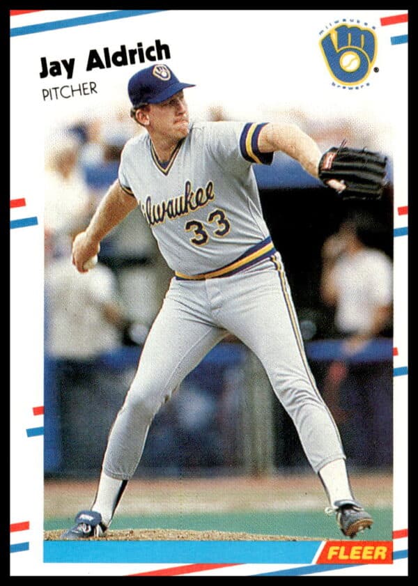Jay Aldrich 1988 Fleer card, Milwaukee Brewers, pitching stance, card #155.