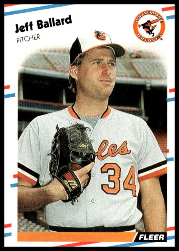 Jeff Ballard 1988 Fleer Baseball Card #554, Baltimore Orioles pitcher, mid-action.