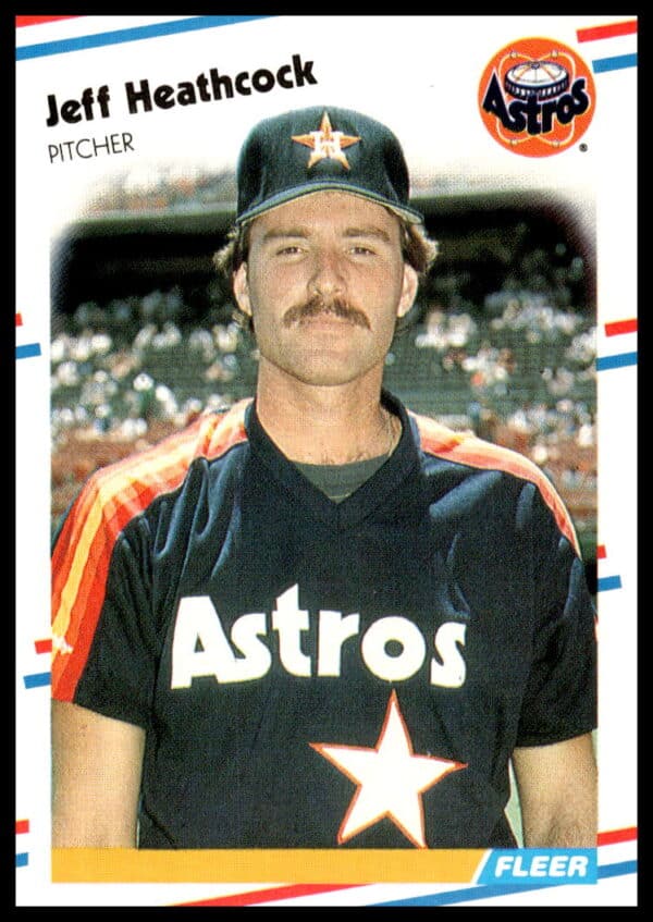 Jeff Heathcock pitching, 1988 Fleer baseball card #450, front view.