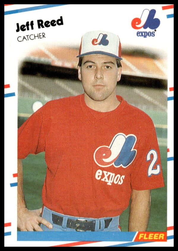 1988 Fleer Baseball Card #194: Jeff Reed poised, classic uniform, vibrant portrait.