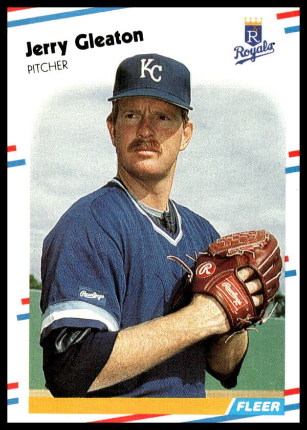 1988 Fleer Jerry Gleaton Texas Rangers baseball card, dynamic mid-action image, classic 80s design.