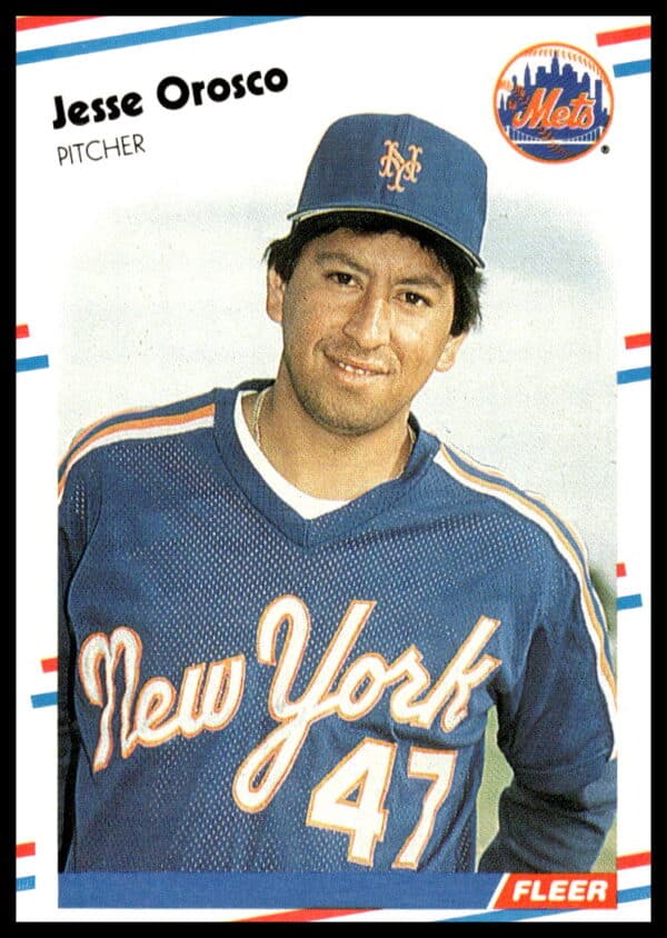 Jesse Orosco 1988 Fleer #148 Baseball Card, New York Mets Pitcher in Action.