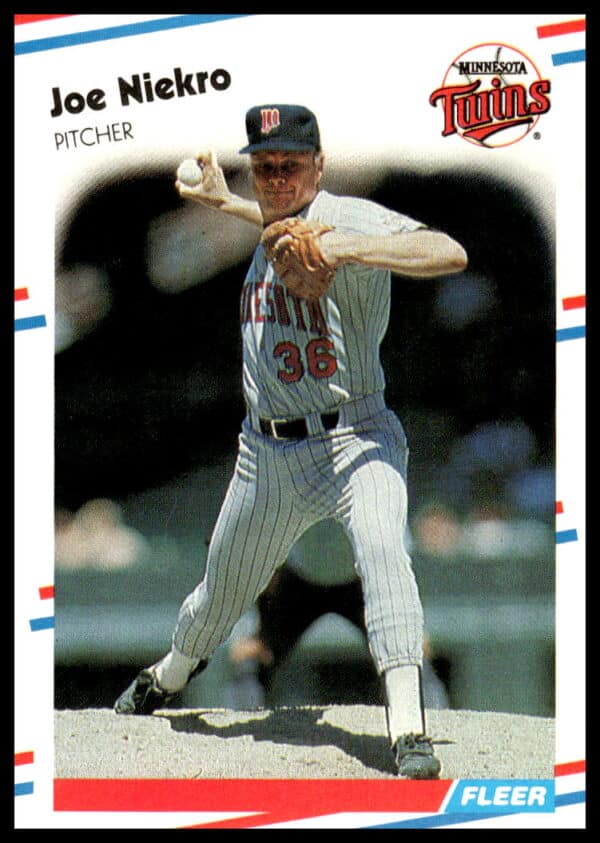 1988 Fleer Baseball Card Featuring Joe Niekro in Twins Uniform, Front View.