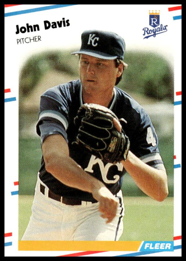John Davis 1988 Fleer Baseball Card #255, Kansas City Royals Pitcher in Action.