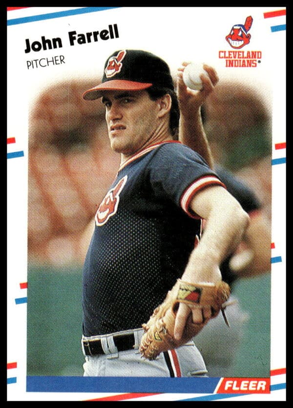1988 Fleer John Farrell #608, Cleveland Indians pitcher, mid-pitch in uniform.