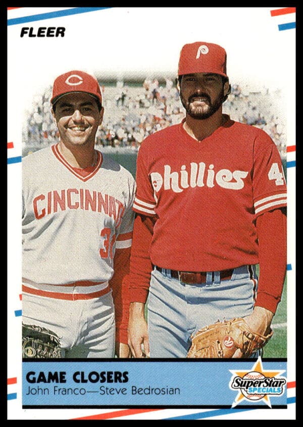 1988 Fleer baseball card #627 featuring pitchers John Franco and Steve Bedrosian.