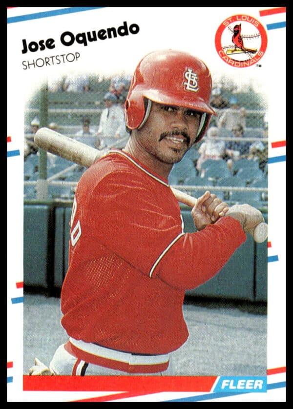 1988 Fleer Jose Oquendo #44 baseball card, St. Louis Cardinals uniform, classic stance.
