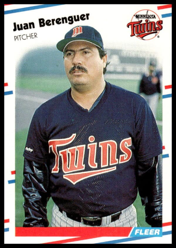 1988 Fleer baseball card of Juan Berenguer in Twins uniform, card #3, ready to pitch.
