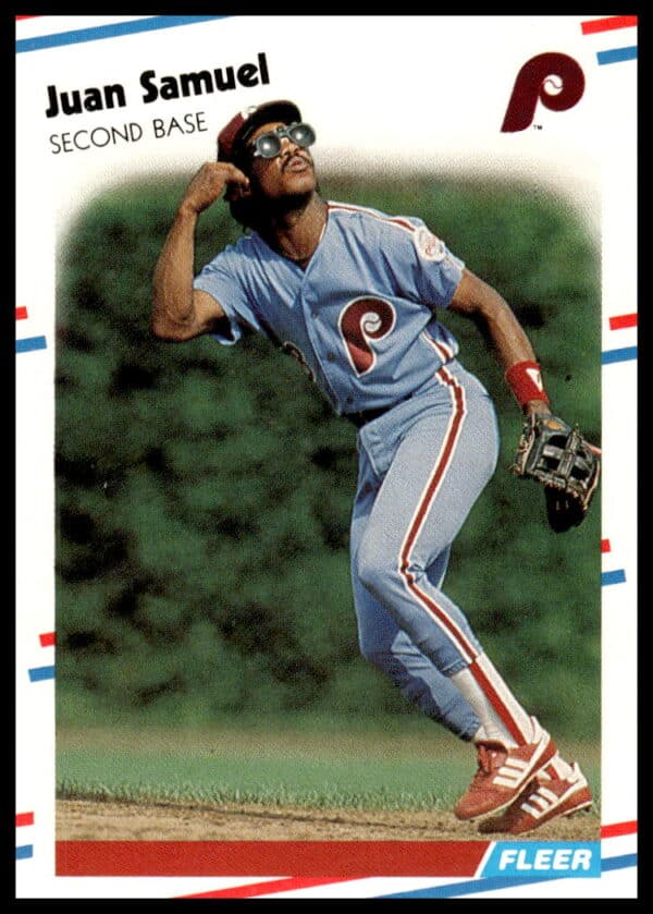 1988 Fleer Juan Samuel baseball card #314 featuring Phillies second baseman in uniform.