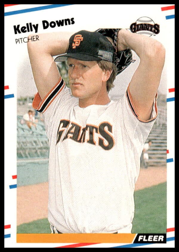 1988 Fleer baseball card of Kelly Downs, San Francisco Giants pitcher, card #80 front view.