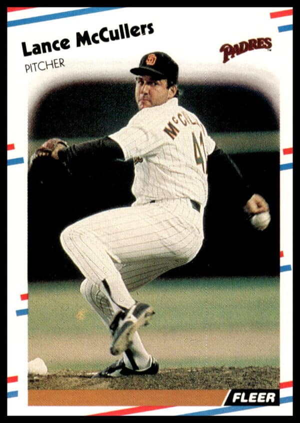 1988 Fleer card of pitcher Lance McCullers with baseball stance, number 592.