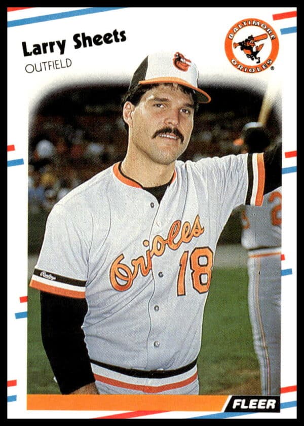 Larry Sheets 1988 Fleer #572 Baseball Card, Baltimore Orioles, batting stance.