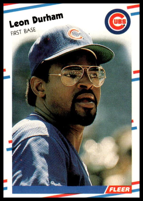 Leon Durham 1988 Fleer Baseball Card #420 in Chicago Cubs uniform mid-action.