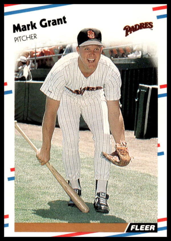 1988 Fleer Mark Grant Baseball Card #584 – San Diego Padres pitcher mid-pitch.