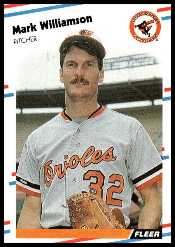 1988 Fleer Baseball Card #574, Mark Williamson pitching for Baltimore Orioles.