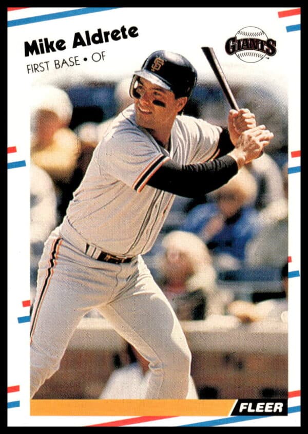 1988 Fleer card of Mike Aldrete, #76, in batting stance, team colors backdrop.