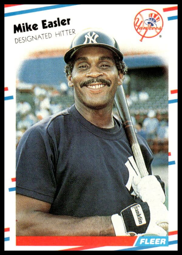 1988 Fleer Baseball Card of Mike Easler, featuring action shot and team details.
