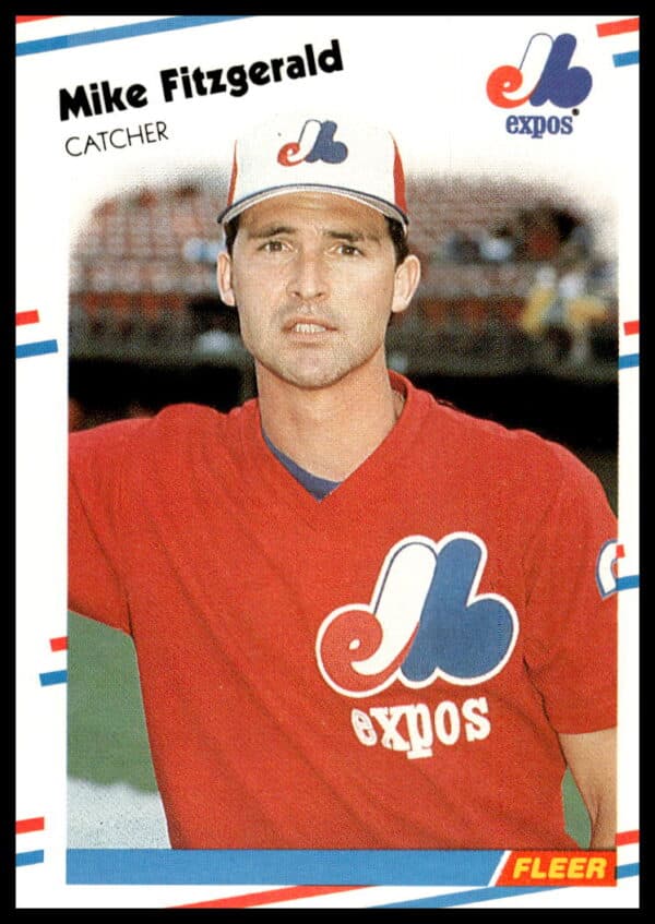 1988 Fleer #182 Mike Fitzgerald in Expos uniform, dynamic baseball pose.