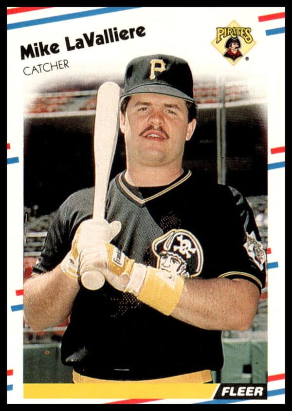 1988 Fleer Mike LaValliere baseball card, Pittsburgh Pirates catcher, mid-action shot.