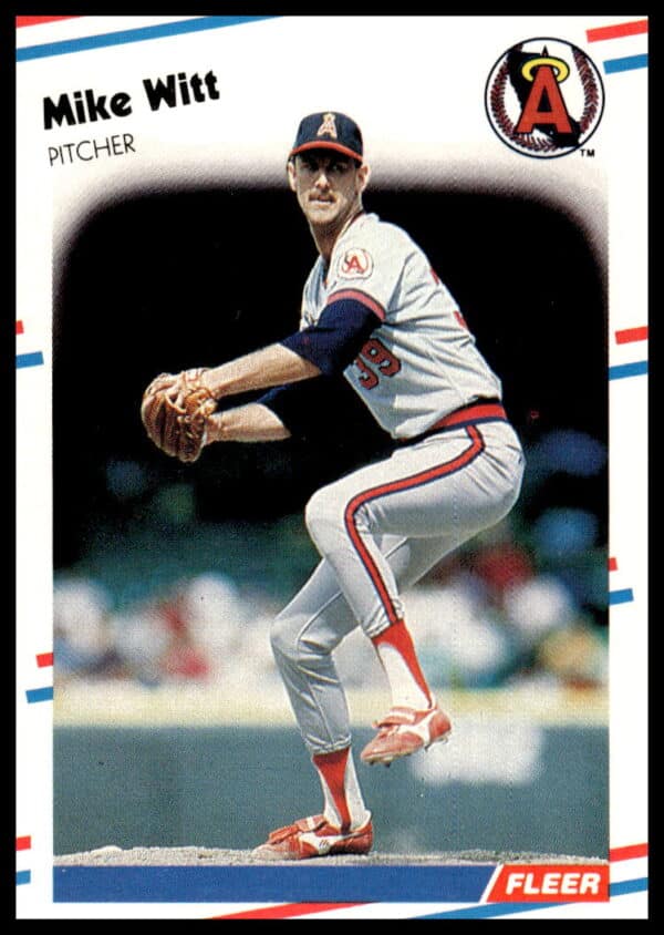 Mike Witt 1988 Fleer Baseball Card #507, California Angels Pitcher Mid-Pitch.
