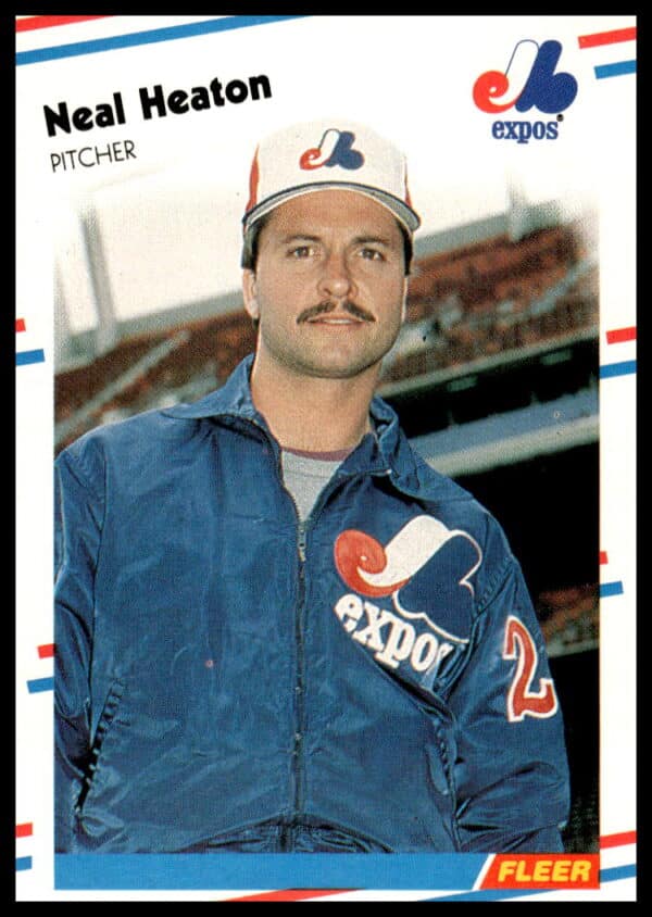 1988 Fleer Baseball Card of Neal Heaton (#185), featuring him pitching in team uniform.