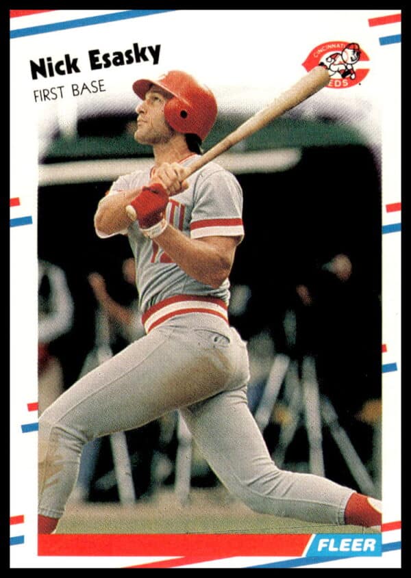 1988 Fleer Baseball Card #233, Nick Esasky in Reds Uniform, Mid-Action Pose.