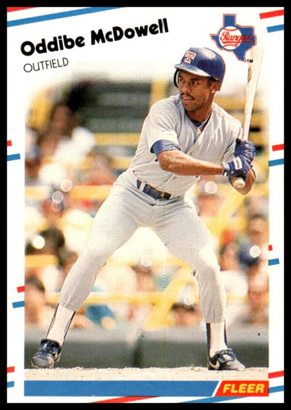 1988 Fleer Oddibe McDowell Baseball Card Front #473, featuring the speedy outfielder in action.
