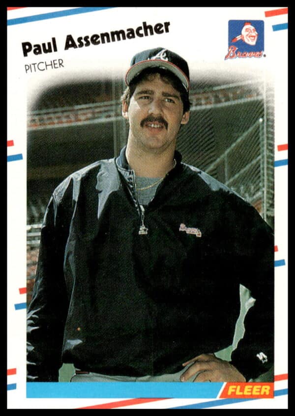 1988 Fleer Paul Assenmacher card #532 in Cubs uniform, stadium backdrop.