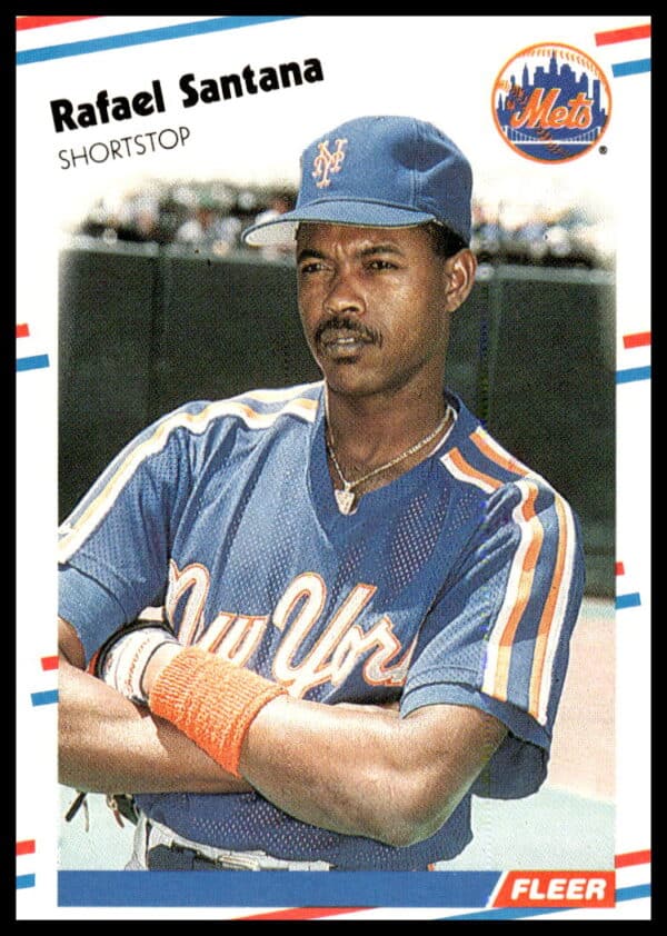 Rafael Santana 1988 Fleer #149 baseball card in Mets uniform, on-field pose.