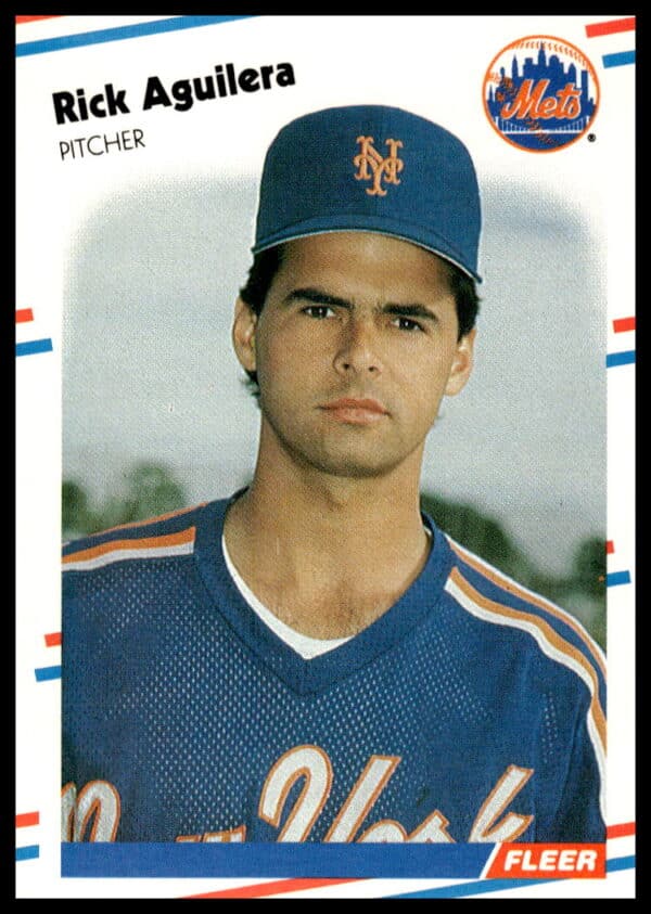 1988 Fleer Rick Aguilera Baseball Card #127 Front - New York Mets Pitching Pose.