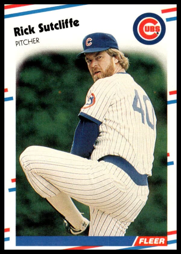 Rick Sutcliffe 1988 Fleer baseball card #435, Chicago Cubs pitcher action shot.