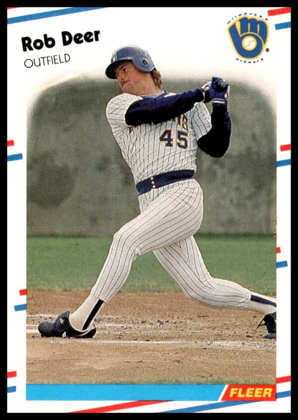 Rob Deer 1988 Fleer Baseball Card #163, Milwaukee Brewers, poised batting stance.