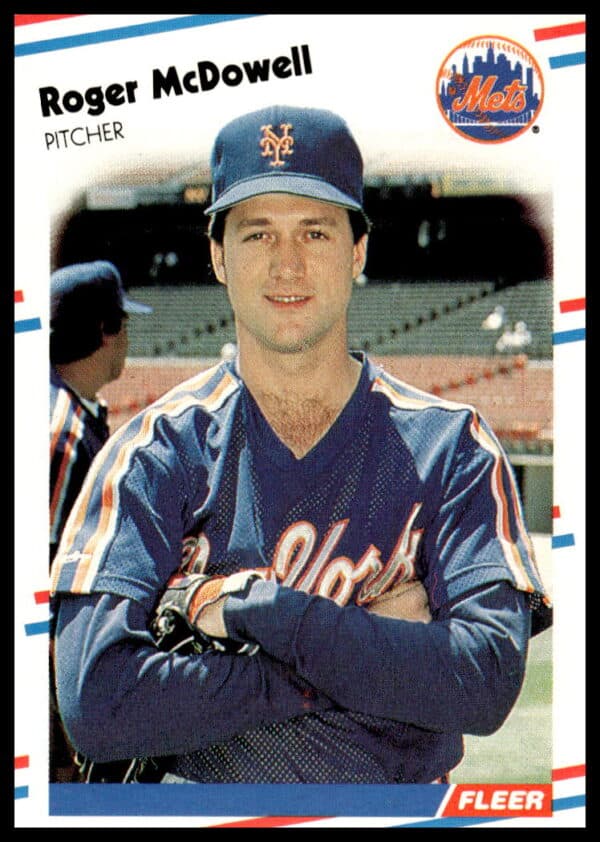 1988 Fleer Baseball Card showing Roger McDowell pitching for the New York Mets.