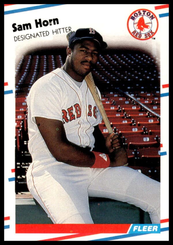1988 Fleer Baseball Card #355: Sam Horn, Boston Red Sox, ready to bat, stadium backdrop.