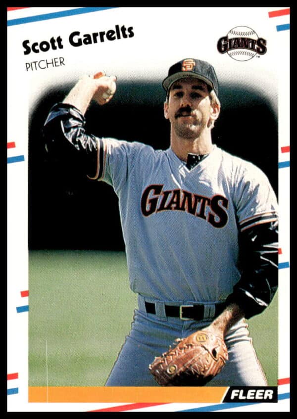 1988 Fleer Baseball Card: Scott Garrelts, San Francisco Giants Pitcher, Mid-Pitch Image.