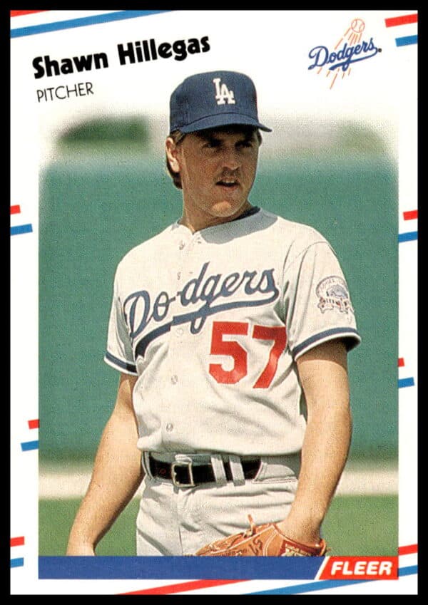Rare 1988 Fleer baseball card of Shawn Hillegas pitching for the Dodgers, card #519.