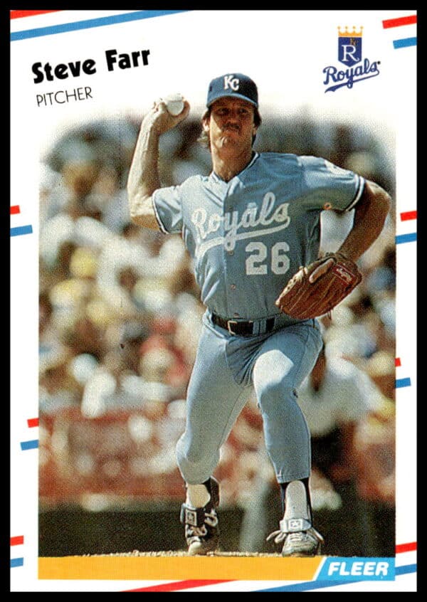 Baseball card of Steve Farr, Kansas City Royals pitcher, 1988 Fleer #256.