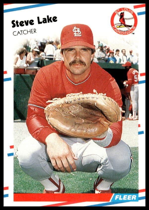 Baseball card showing Steve Lake in Phillies gear, catcher’s mitt ready, 1988 Fleer #38.
