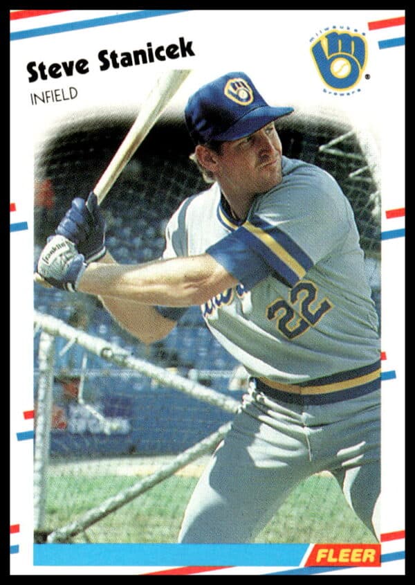 1988 Fleer Steve Stanicek #174, Milwaukee Brewers card, player portrait.