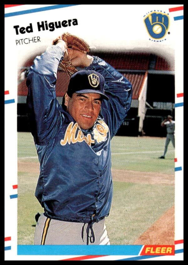 1988 Fleer Ted Higuera baseball card #166 featuring Milwaukee Brewers pitcher in action.