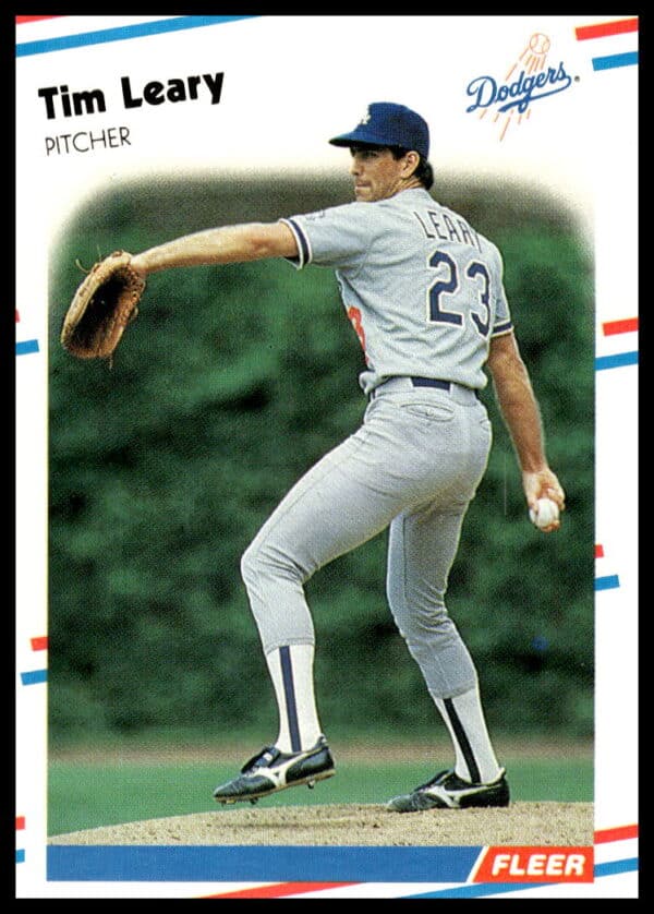 Tim Leary 1988 Fleer Dodgers baseball card #521, pitching action shot.