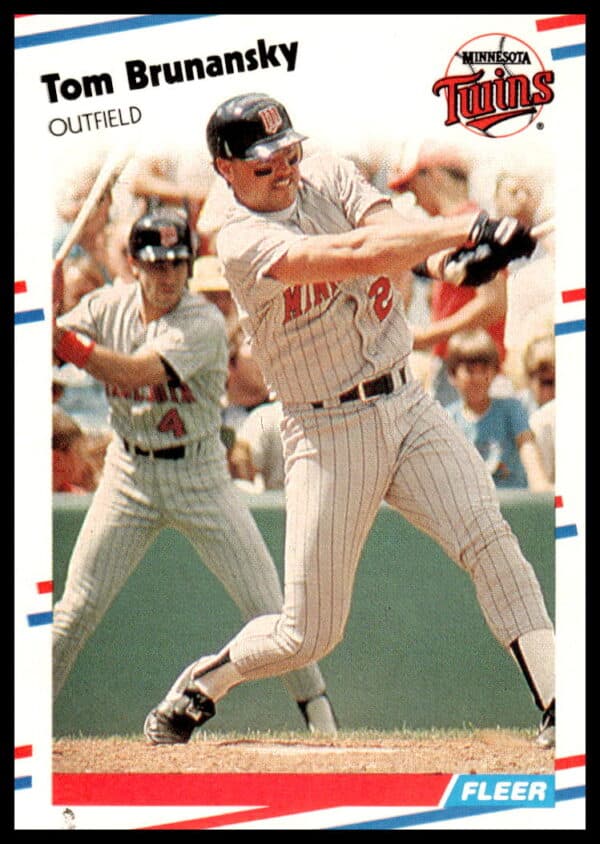 Tom Brunansky 1988 Fleer Baseball Card #5, Minnesota Twins, in action.