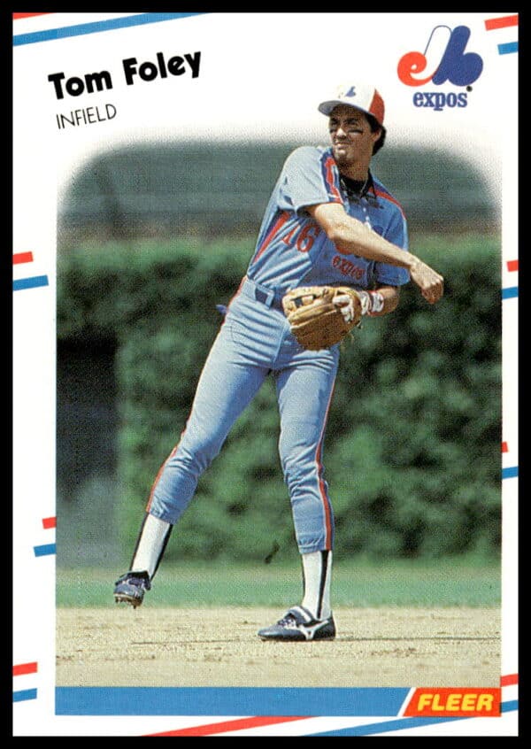 Vintage 1988 Fleer baseball card #183 showcasing Tom Foley in Montreal Expos uniform.
