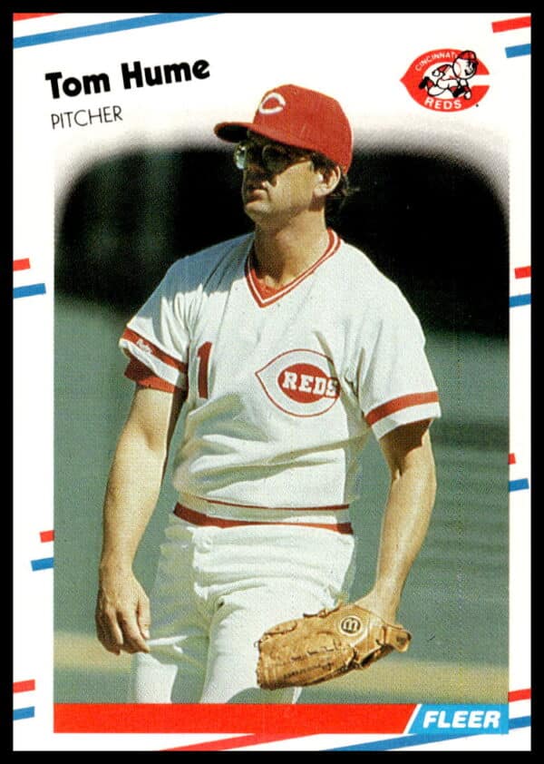 1988 Fleer Baseball Card #236, Tom Hume, Cincinnati Reds Pitcher, in Reds Uniform.