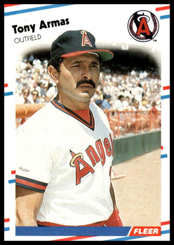 Front view of 1988 Fleer Tony Armas baseball card, vibrant team uniform photo.