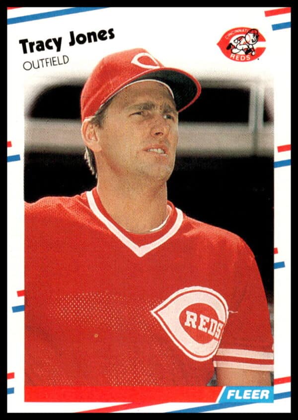 Front of 1988 Fleer Tracy Jones baseball card #237, featuring dynamic action shot.