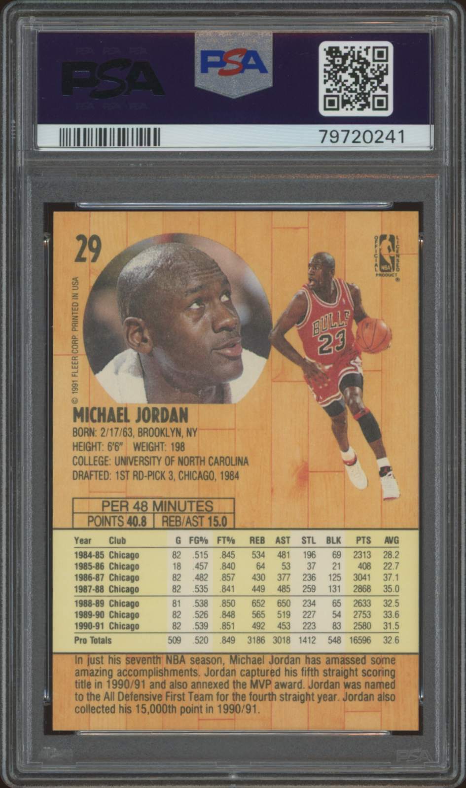 1991 Fleer Michael Jordan #29, PSA 9, with stats and action photo, authenticated card.