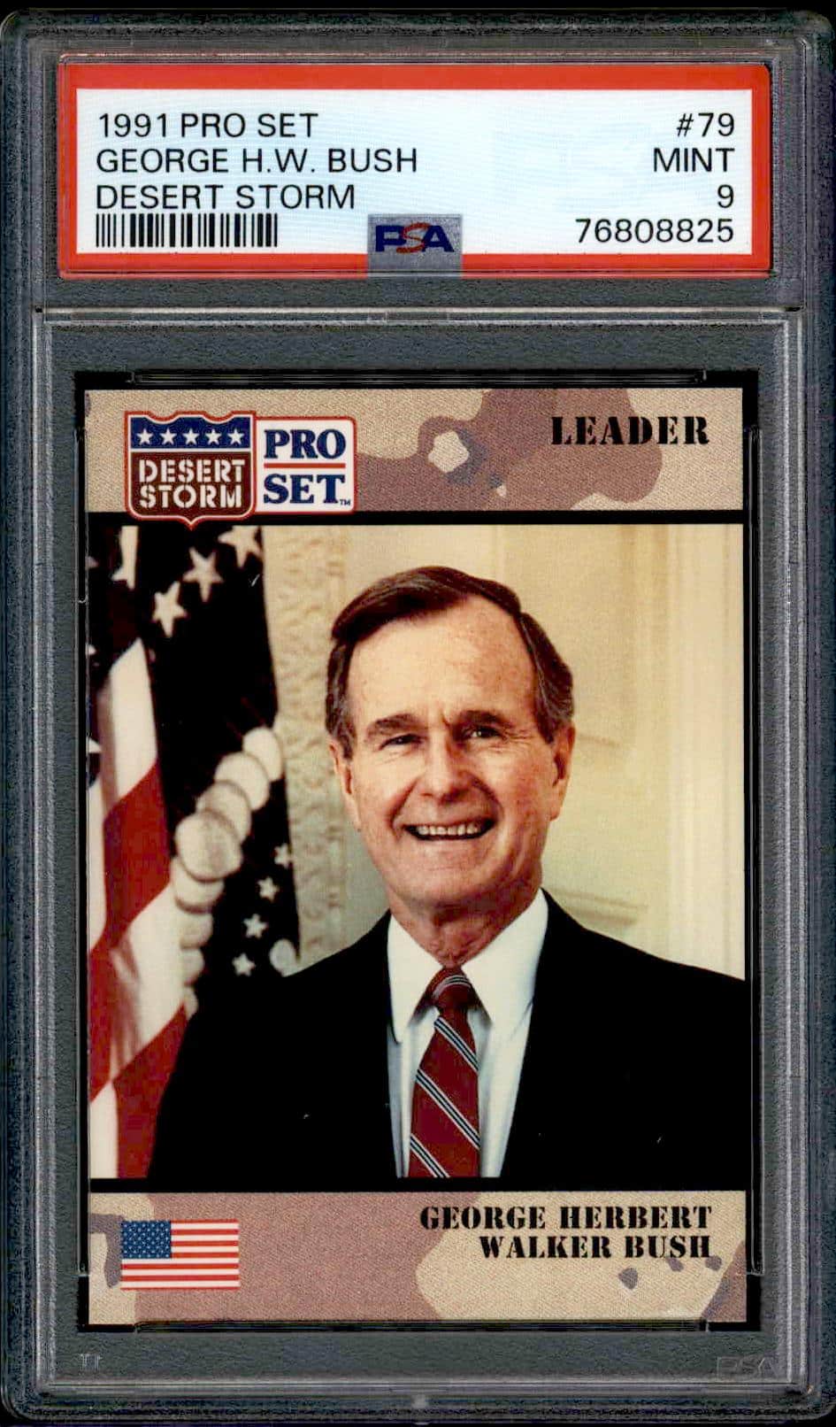 PSA 9 Pro Set George H.W. Bush trading card with American flag background.