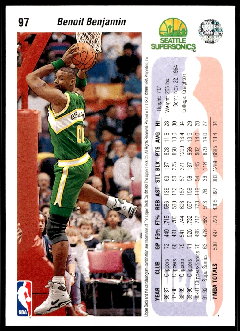 Benoit Benjamin 1992-93 Upper Deck card #97 stats and bio.